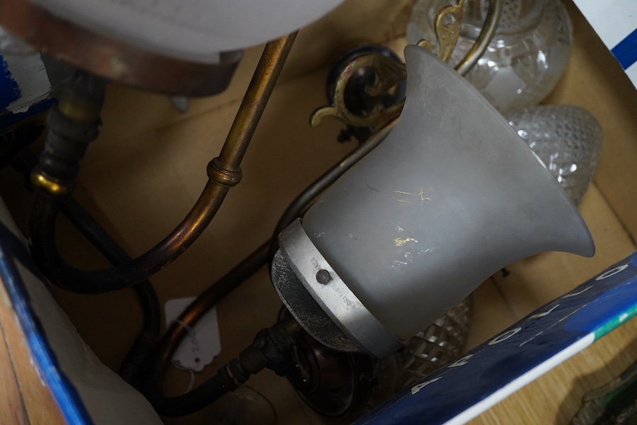 Five glass wall lights to include three cut glass shades and a frosted glass etched example